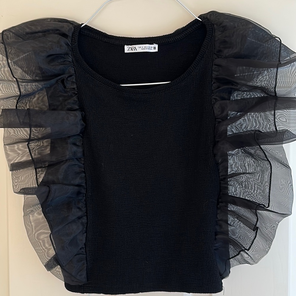Zara Sheer Ruffle Sleeve top - Size Small